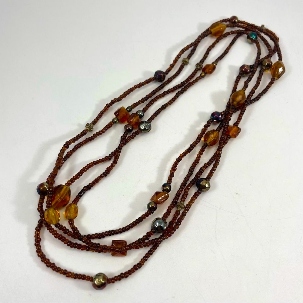 Stunning Glass Seed Bead Beaded Amber Brown Colors Necklace Single Strand